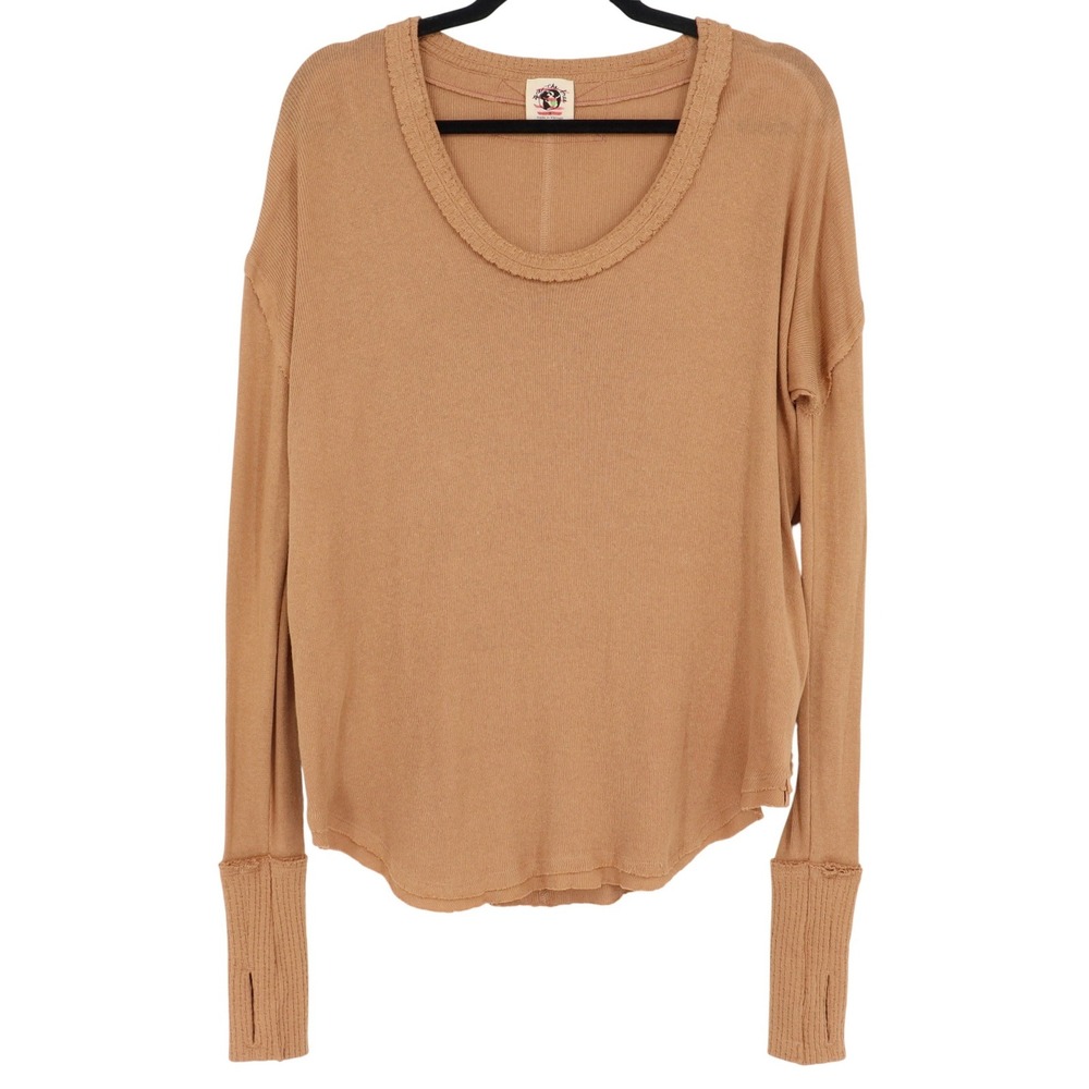 We The Free Free People Women Tan Long Sleeve Thermal Scoop Neck Top Small